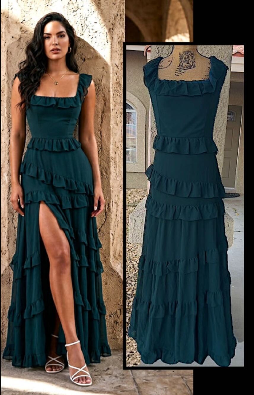 Lulus Dark Green Ruffled Tiered Compelling Romantic Maxi Dress Size XL